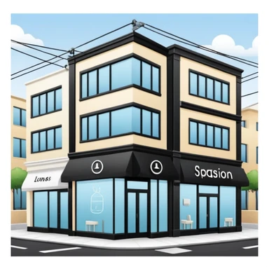 three separate beauty salon buildings spaced apart connected by lines like a network sticker