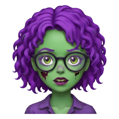 Crie uma garota zumbi com cabelo cacheado roxo, óculos preto e sardas com a pele verde  sticker