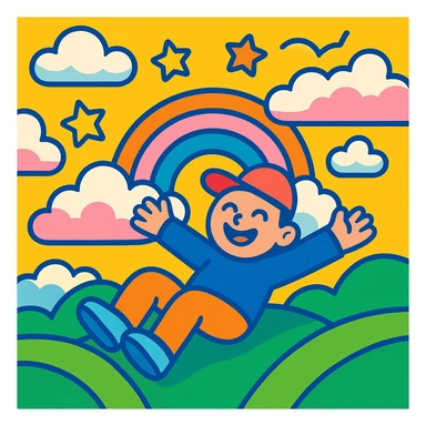 dream life as a colorful, whimsical scene with clouds, stars, and a happy character, in vibrant toon style sticker