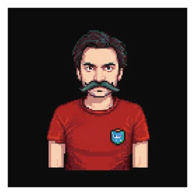 Recep İvedik character, Turkish comedy icon, recognizable mustache, bushy eyebrows, red t-shirt, expressive face, simple pixelated background, pixel art style sticker