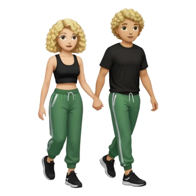 A white curly with curly blonde hair wearing a black crop top and baggy green sweatpants holding a mans hand walking sticker