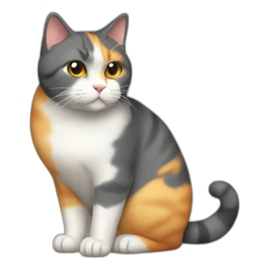 darkgray, white, and yellowish-orange cat with a fat belly sticker