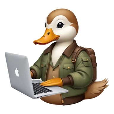 duck wearing a bomber from balenciaga and his working on a macbook sticker