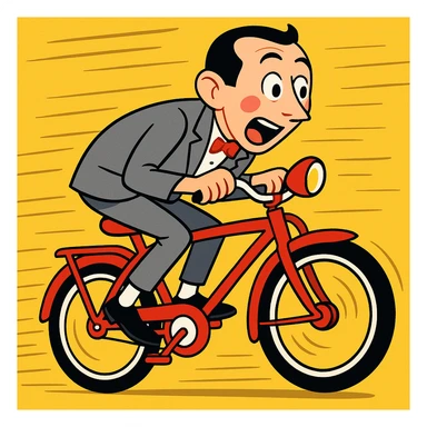 Pee-wee Herman on a red bicycle, pedaling fast, cartoon motion lines, vibrant toon style sticker