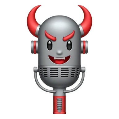 Minimalist emoji-style sticker of a classic retro microphone with small devil horns and a subtle tail wrapping the base. Grayscale with slight red accents.
 sticker