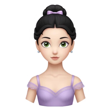 Cinematic Realistic ballerina Light Purple Portrait, depicted with lifelike skin texture, subtle rosy undertones, and soft natural lighting that enhances the gentle contours of her face. Her intricately detailed sweet black hair is elegantly styled, green eyes sticker