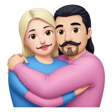 Tall strong white man with brown mustache goatee wearing blue hugging a chubby short pale woman with long black hair wearing pink sticker