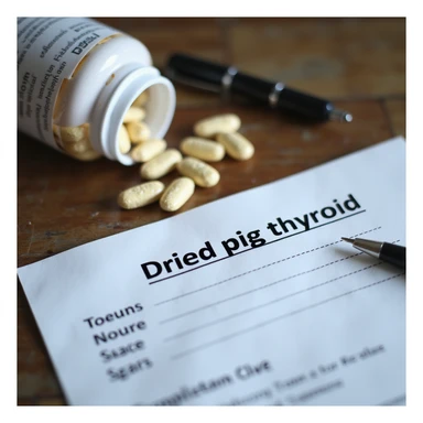 close-up of a medical prescription on a desk, 'Dried pig thyroid' highlighted, next to a pen and a supplement jar, hyperrealistic 4K details sticker