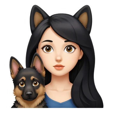 A beautiful girl with big eyes, fair skin, long black hair, and a German Shepherd dog sticker