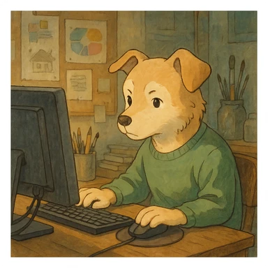 ghibli style light dog graphic designer, focused at a computer, artistic atmosphere sticker