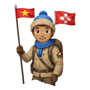 a smiling man on a snowy mountain peak, holding a flag sticker