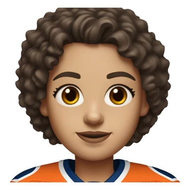 white woman with shoulder length dark brown curly hair wearing an Edmonton oilers jersey sticker