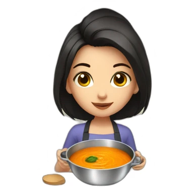 Girl with dark eyes and dark hair, cooking soup with pumpkin sticker