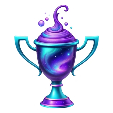 A futuristic alien trophy cup with swirling cosmic nebula colors, purple, blue and teal galaxy patterns sticker