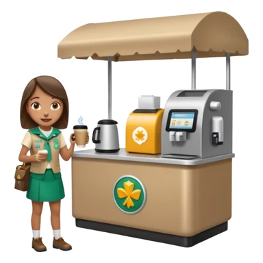 Girl Scouts selling coffee at her roped-off and covered booth stand by the side of the road with their own robotic looking coffee machine accepting all forms of payment  sticker