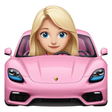 Blonde girl with blue eyes sitting infront of a pink porsche taycan sticker