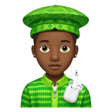 Create me an detailed emoji of a cool Young Nigerian prince wearing a neon green gradient African patterns with  a hat (a Nigerian-inspired patterned hat) and apple airpods sticker