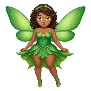 Pretty thick girl with caramel skin. Dark brown hair and brown eyes. She has freckles. Wearing sexy makeup. Wearing a green fairy costume and heels and flying sticker