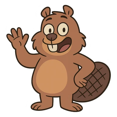 beaver character waving hand, welcoming expression, cartoon style sticker