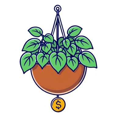 Plectranthus Verticillatus with cascading vines and perfect circle-shaped leaves like coins in a coconut fiber hanging basket sticker