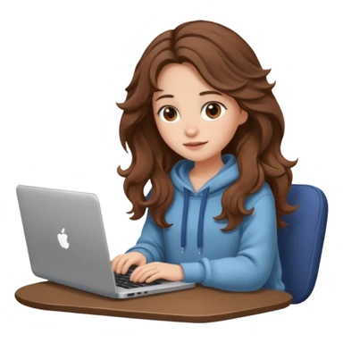 make a picture in ios 18 style of a girl with brown long wavy hair wearing cozy clothes and working on a laptop sticker