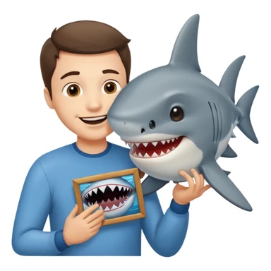 Man kissing a picture of a shark sticker