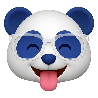 Make the panda's white designer glasses translucent and give the panda a tongue-out playful face, keeping the playful 3D emoji look with white and #002FA7 blue coloring. Remove the background. sticker