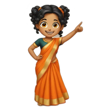 smiling and pointing 3 years old indian girl with black curly hair in pigtails wearing a orange saree sticker