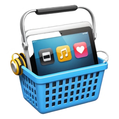 shopping basket filled with technology items such as smartphone, laptop, headphones, and smartwatch sticker