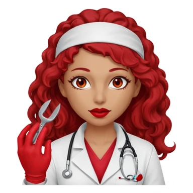 Lilith scalpel in hand, evil surgeon sexy surgeon clothes.  She has red eyes.Her  brown long curly hair. Wears sexy doctor outfit with red gloves. Hides mouth necknose with red bandana to hide her identity. Hair is long and brown sticker