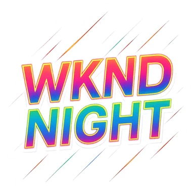 WKND NIGHT in a bold, modern typographic logo, neon colors, energetic party vibe sticker
