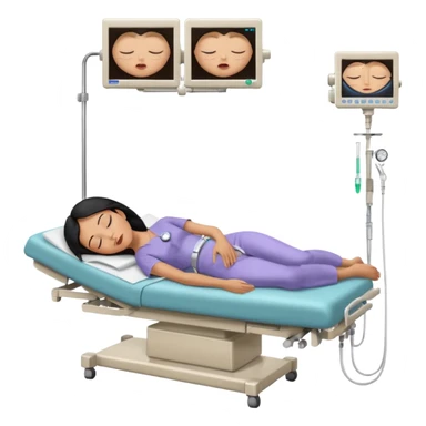 A black-haired woman in her 50s lying on an examination bed with eyes closed, shown in a wide, full-body shot in a clean colonoscopy procedure room. Only the patient is visible. sticker