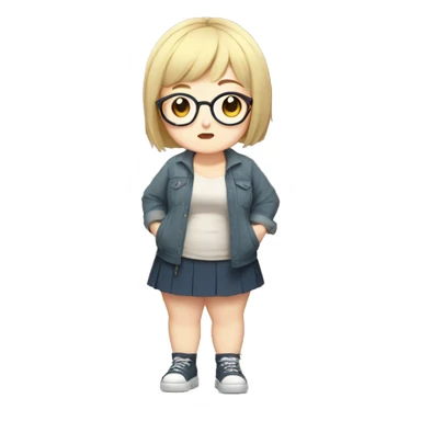 Chubby anime girl with glasses and short blonde hair, full body wearing cute clothes sticker