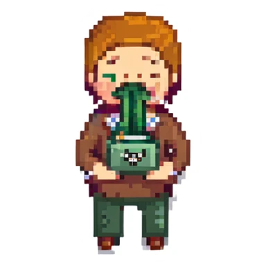 pixel art of a man with money stuffed in his mouth sticker