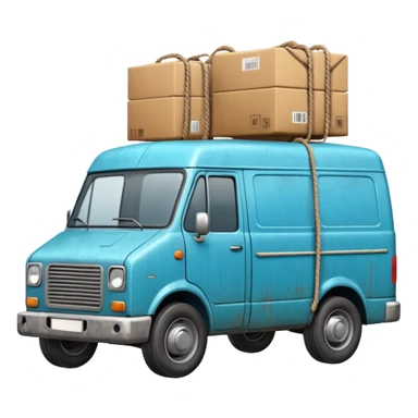 create a realistic emoji of packages wich got stabalised by ropes in a logistic van sticker