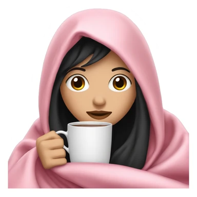 white girl with black straight hair inside a pink blanket sipping coffee eyes closed sticker