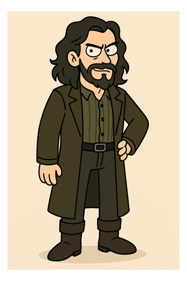 full body illustration of Sirius Black in cute, cartoon, simplified style with bold black lines and soft colors, long dark hair, beard, rebellious expression, wearing dark overcoat and boots sticker