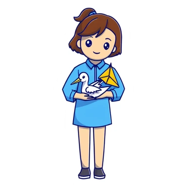 Happy Ukrainian young girl with brown hair in a white embroidered shirt holds an origami yellow and blue crane sticker