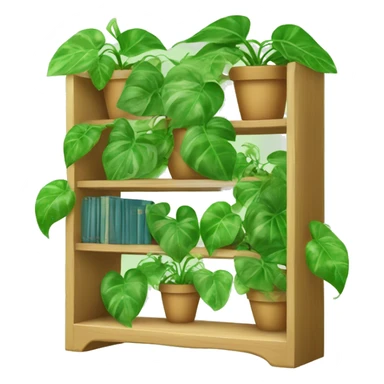 A cute bookshelf with a pothos plants that has heaps of vines of leaves hanging down halfway down the shelf sticker