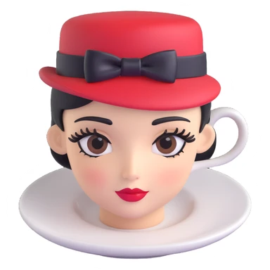 espresso cup with a feminine face, elegant eyelashes, red lips, and a tiny hat sticker