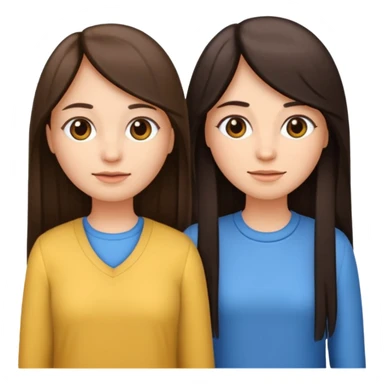 generate me emojis of sisters, one should look older, the other younger. the older one has dark brown hair, long, straight, the younger one is slightly lighter, also straight, long. clothes are any in principle, the main thing is that they more or less look like each other sticker