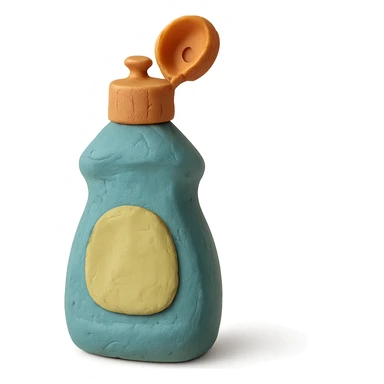 close-up of dish soap bottle in claymation style with cap open, soft lighting, pastel colors sticker