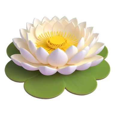 Realistic white lotus flower with detailed layered cream-white petals and bright yellow stamens, floating on accurate lotus pad with characteristic notch and bowl shape sticker