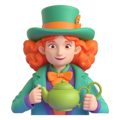 Mad Hatter from Alice in Wonderland, wild orange hair, oversized green hat, holding a teapot, whimsical and energetic style, stylized as an emoji sticker