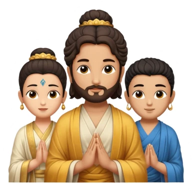 Create a Jesus, Krishna, and Buddha standing together. Buddha: warm golden or light tan skin, dark curled hair with a traditional top bun (ushnisha), half-closed meditative eyes

 sticker