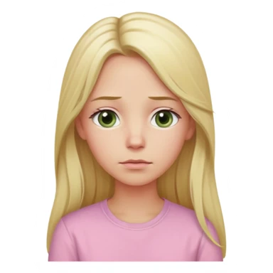 blonde with long hair and swamp-colored eyes, wearing a pastel pink shirt, thoughtful expression, head slightly tilted, iOS Apple emoji style sticker