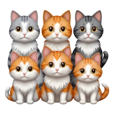 6 cats with different coloured coats, 2 are grey and white, 1 is grey with a little white, 1 calico, 1 brown tabby and white and one ginger and white sticker