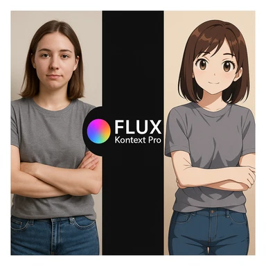 create before after image of a girl before is realsitic photo, after is anime version of her in same pose and clothes, add logo with text of a "FLUX Kontext Pro" in middle in big, black background sticker
