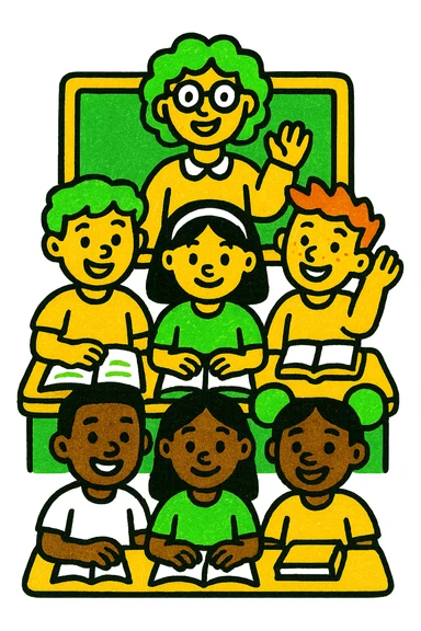 multicultural class of students, modern look, green gold and white color scheme, rounded shapes, simple design sticker