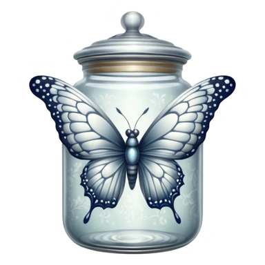 A silver butterfly traped in an old jar sticker